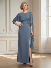 Scoop Half Sleeves Lace Floor-length Slit Dress Slate Blue