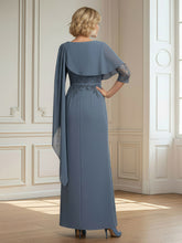 Scoop Half Sleeves Lace Floor-length Slit Dress Slate Blue