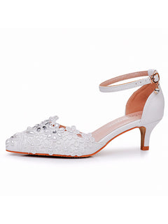 White Lace and Rhinestone Pointed Toe Wedding Shoes