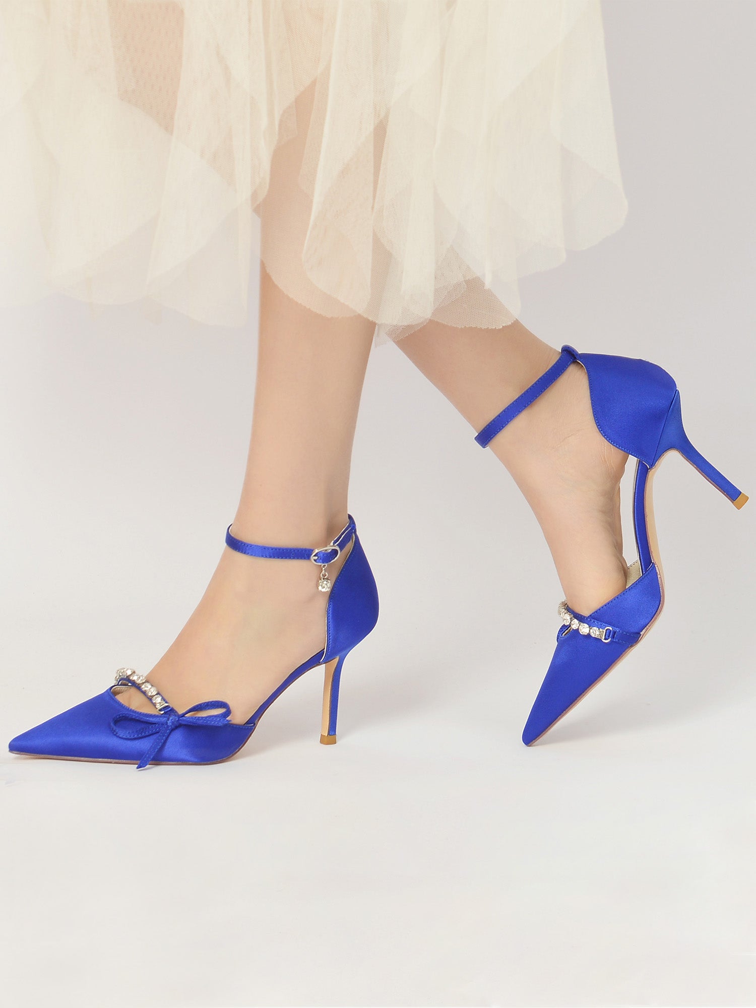 Elegant Crystal Strap Pointed Toe Satin Hign Heels