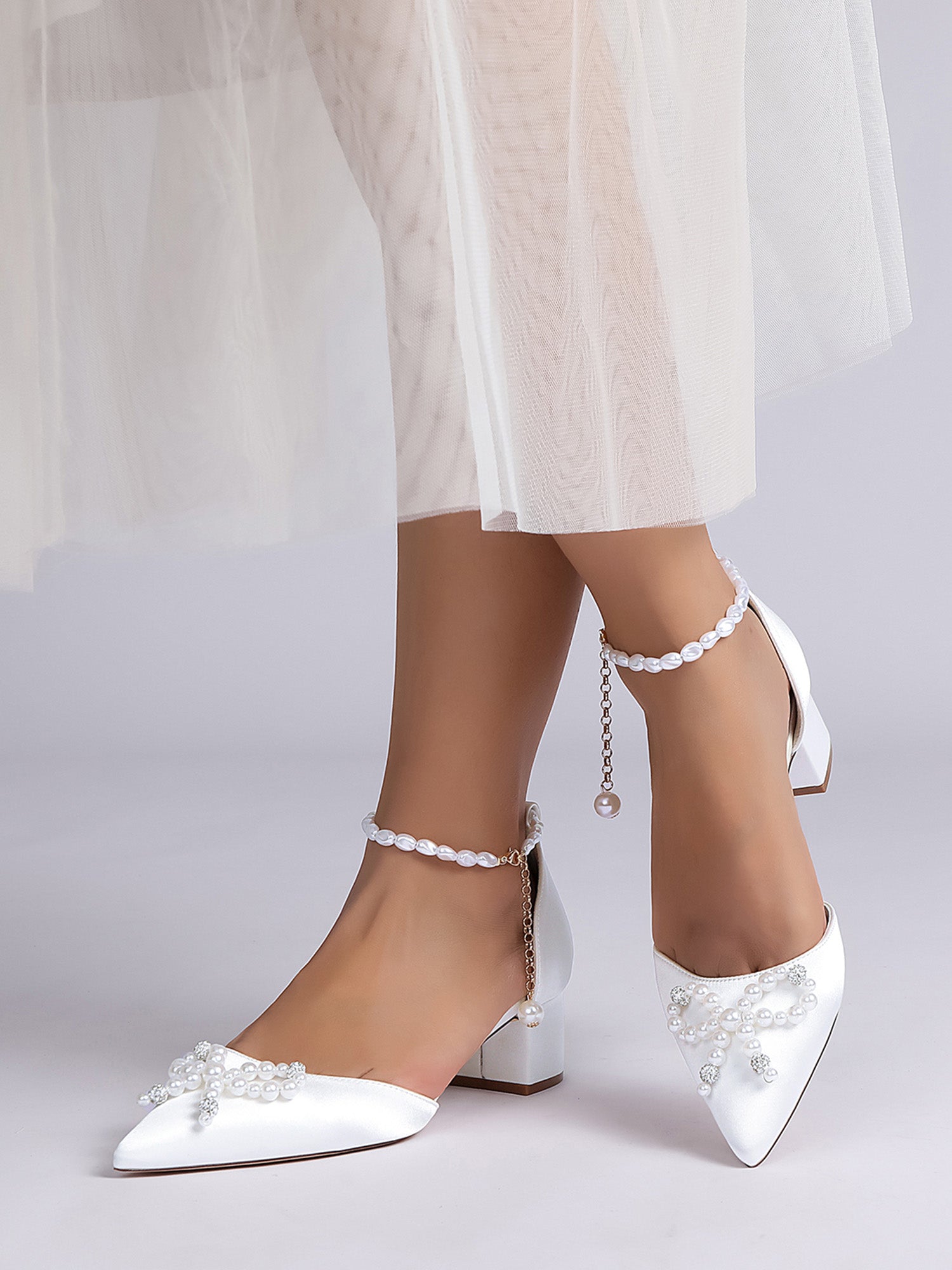 Satin Pointed Toe Heels with Pearl