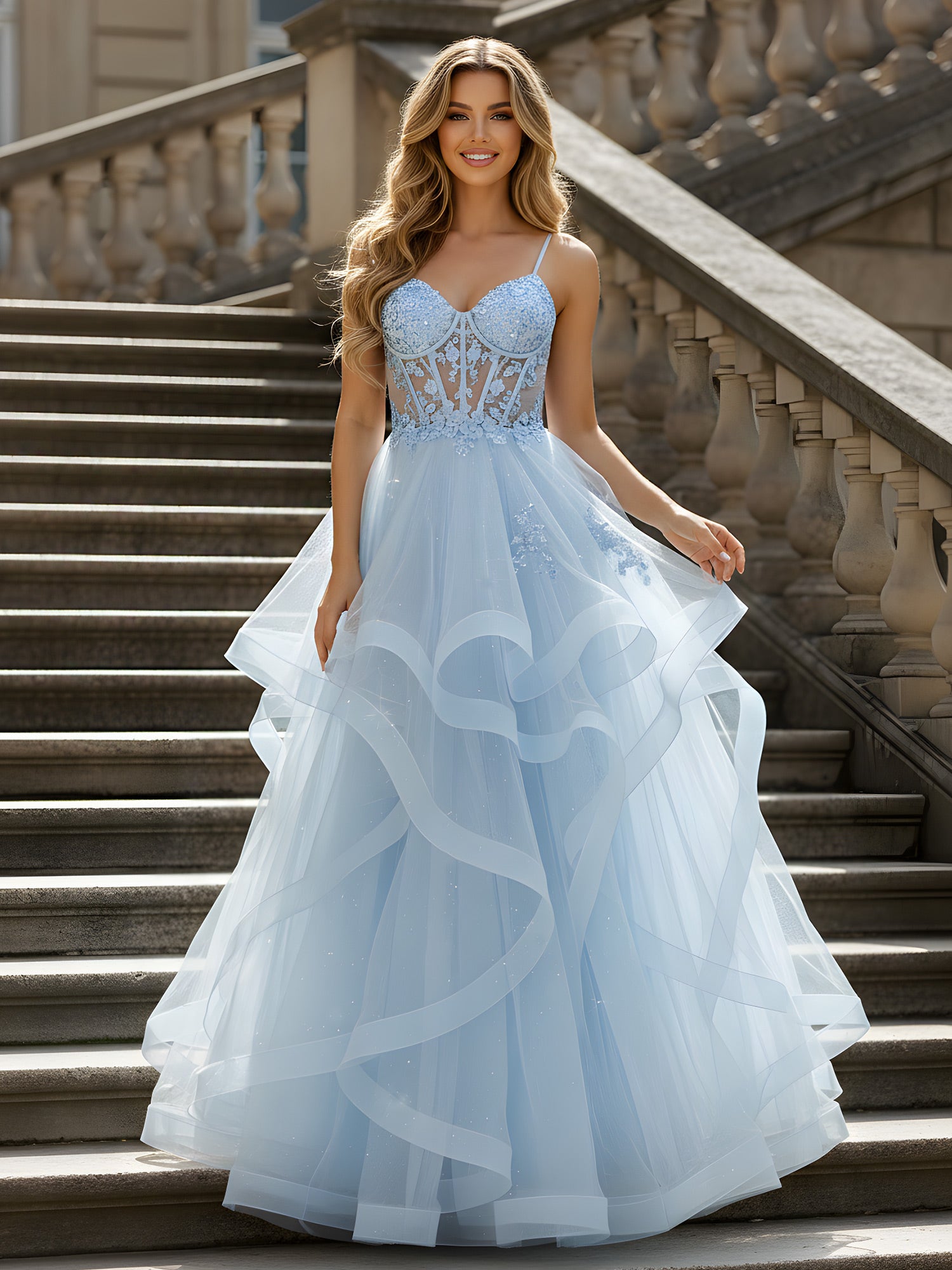 BABARONI Tulle Sky Blue Prom Dresses Ball Gown Sweetheart Appliqued