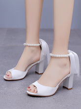 Peep Toe Ribbons Beaded Chunky Heel Sandals