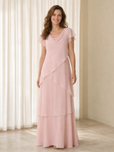 Cowl Neck Short Flutter Sleeve Tiered Floor Length Formal Dress Blushing Pink