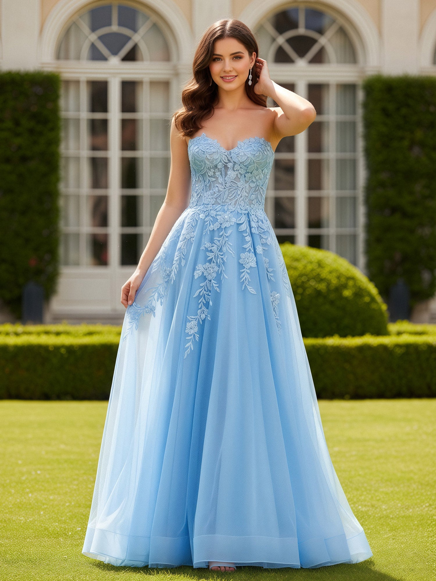 BABARONI Tulle Sky Blue Prom Dresses A-line Sweetheart Sleeveless Appliqued