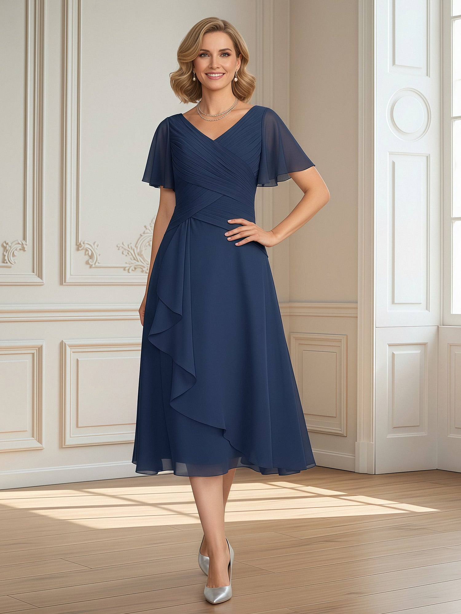 Flowy A-Line Pleated V-neck Ruffle Chiffon Dress Wisteria