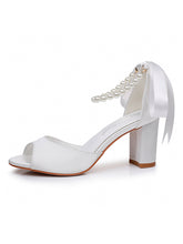 Peep Toe Ribbons Beaded Chunky Heel Sandals