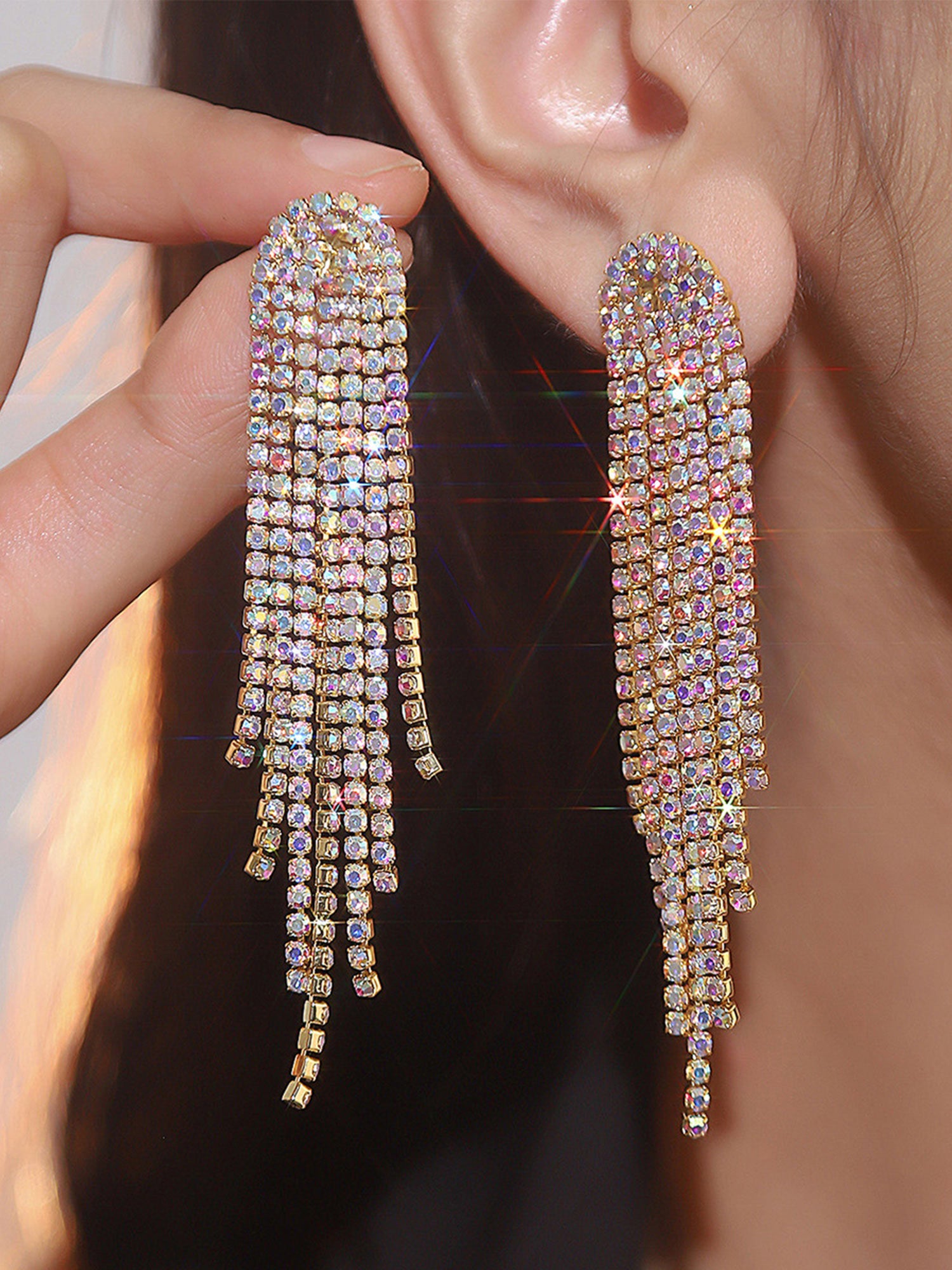 Women's High-grade Bow Rhinestone Tassel Long Ear Earrings