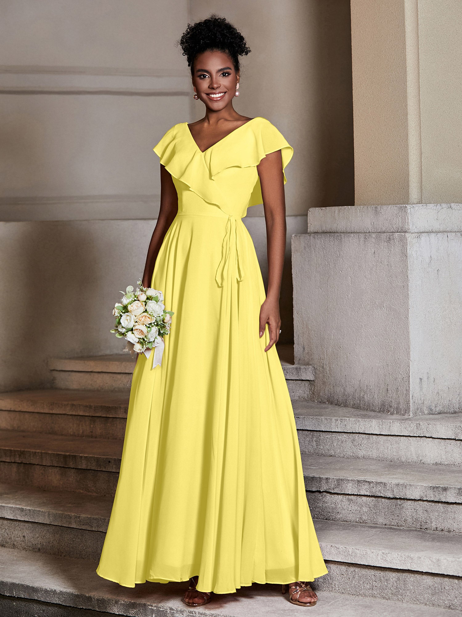 Keyhole Halter Neck Chiffon Dress with Pockets Lemon