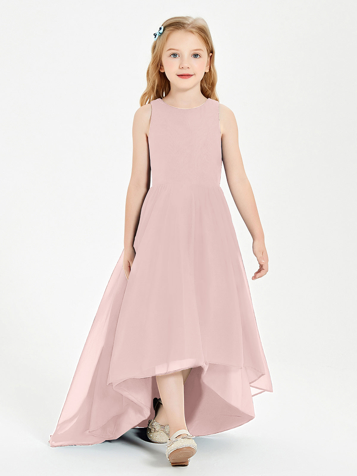 BABARONI Exquisite Asymmetrical Junior Bridesmaid Dresses Scoop Neck Dusty Rose, Dusty Rose / J4