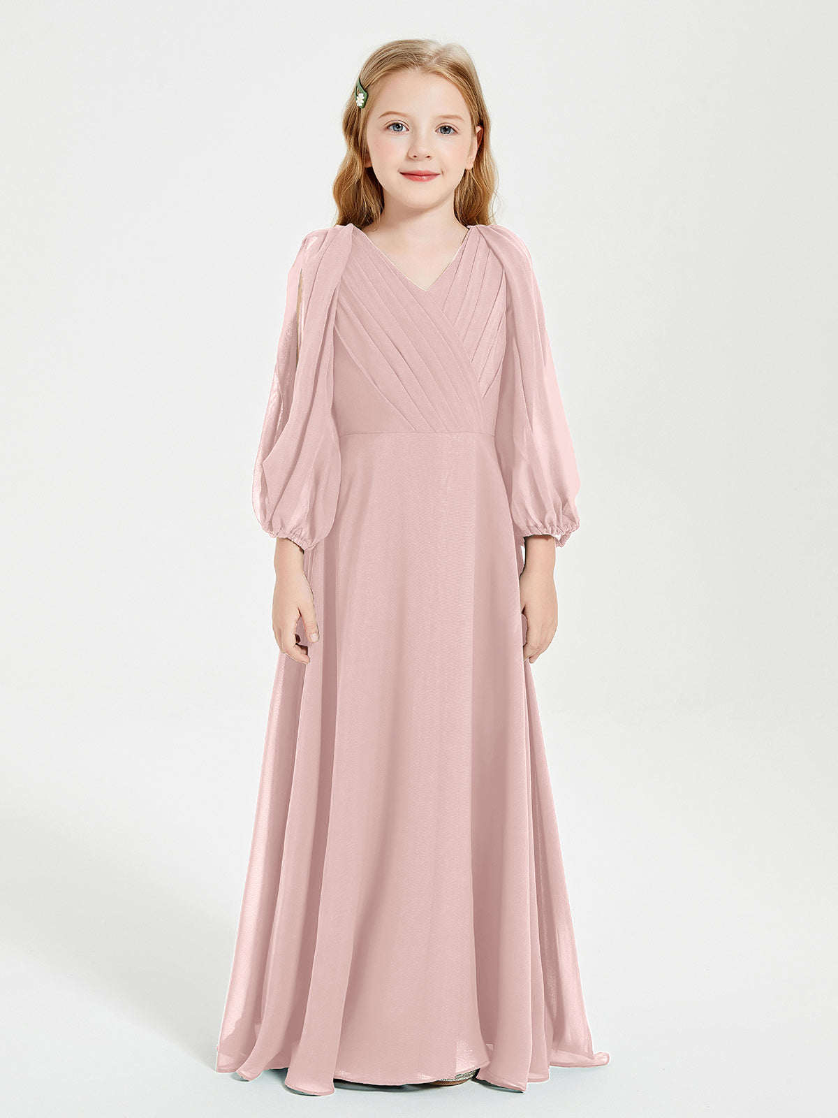 Lace Top Pleated Long Sleeveless Junior Bridesmaid Gown Dusty Rose main image 0