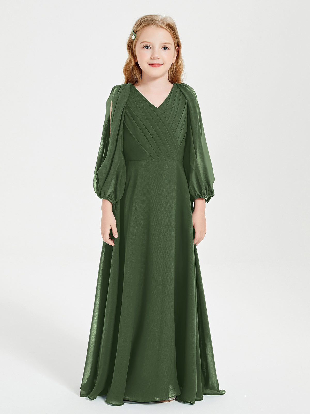 olive green bridesmaid dresses with sleeves BABARONI Chiffon Junior A-line V-neck Long Sleeve Pleated Ruched Floor-length, Olive Green / J4 mamamini Men's Linen Shirts | straight or tall Waist Size:40W