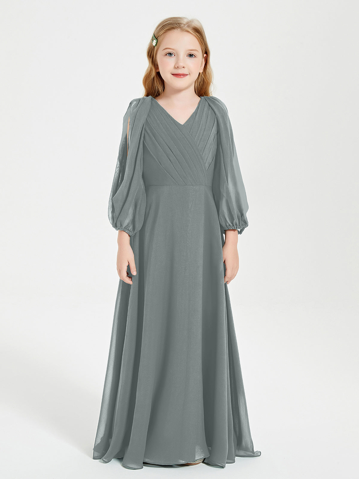 BABARONI Chiffon Steel Grey Junior Bridesmaid Dresses A-line V-neck
