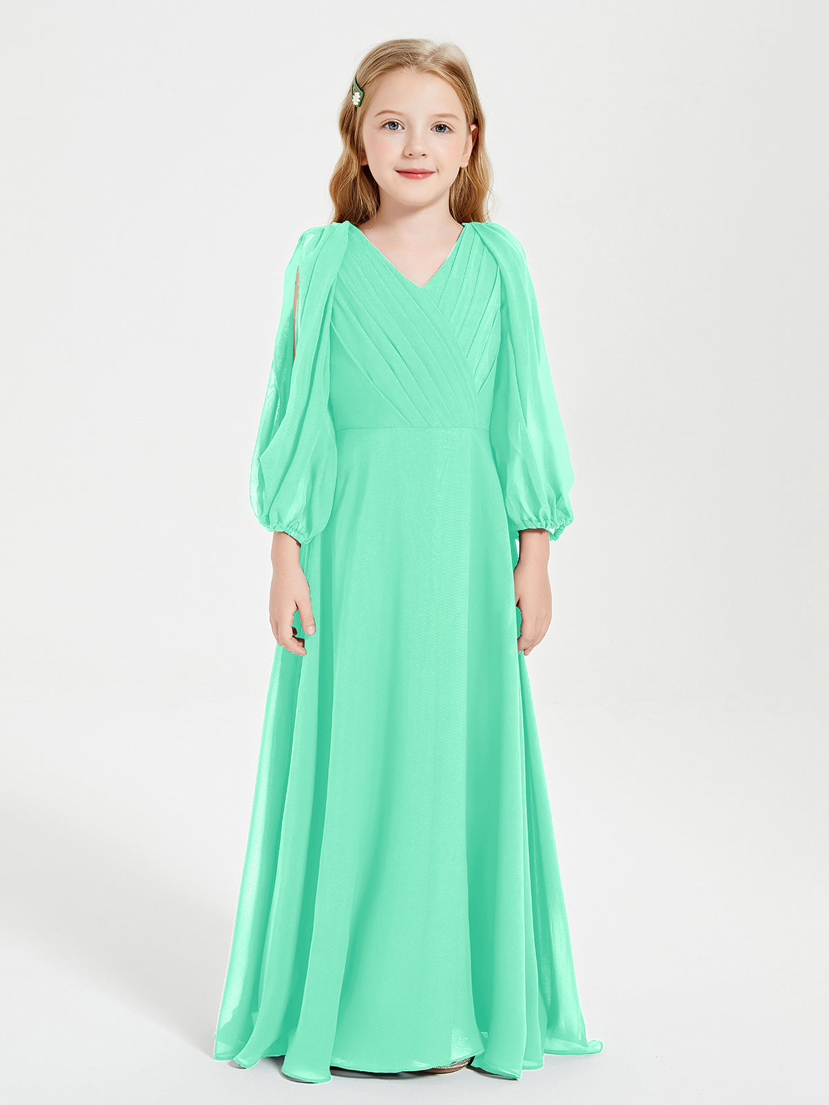 V-neck A-line Chiffon Junior Bridesmaid Dresses Turquoise