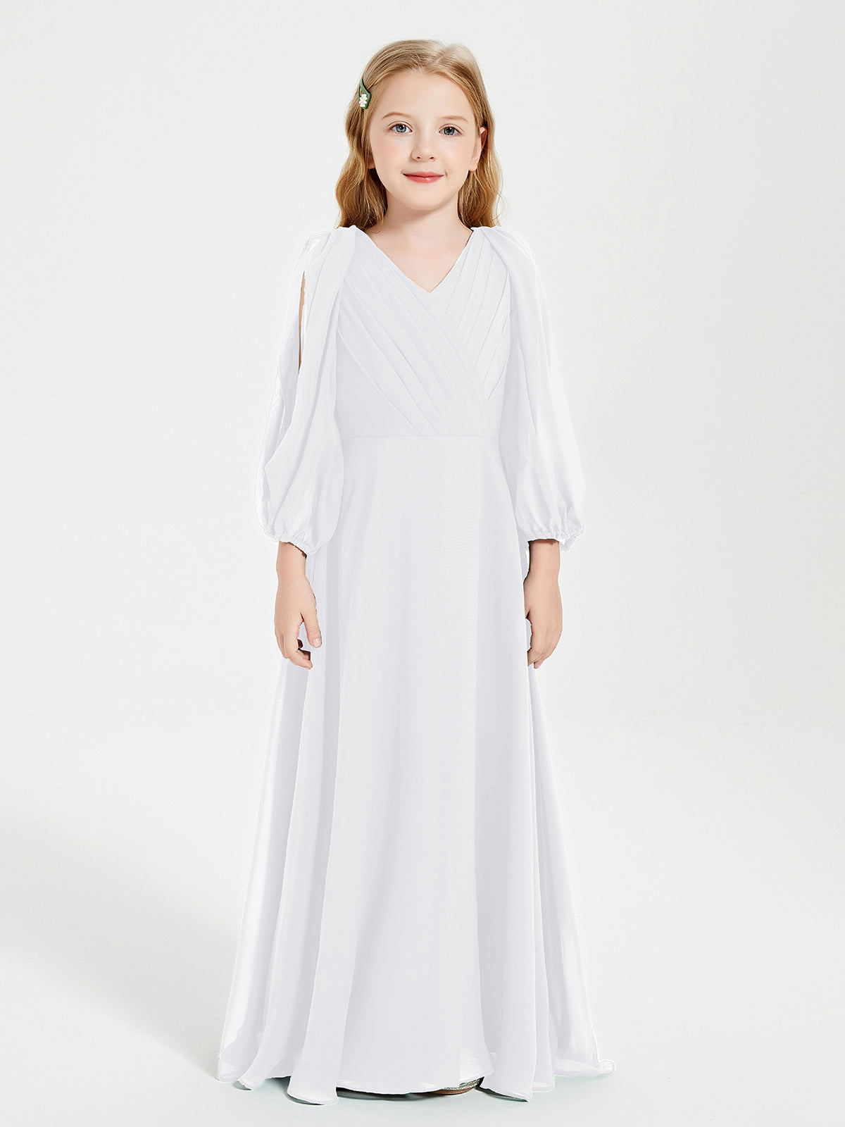 BABARONI Chiffon White Junior Bridesmaid Dresses A-line V-neck Long