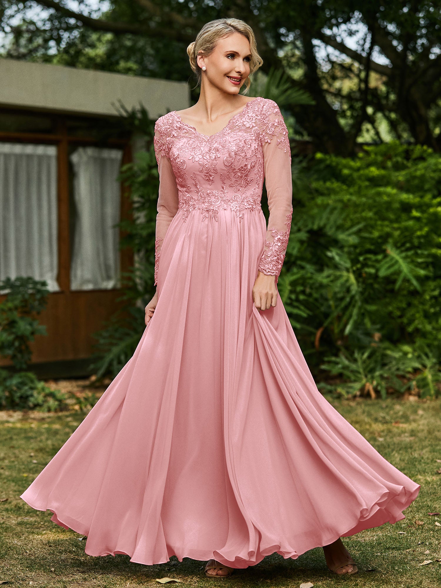V-neck A-line Lace Appliqued Floor-length Dress Pool