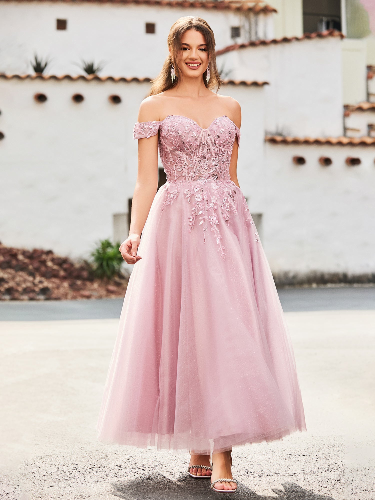 Satin A-Line Gown with Off-Shoulder Folded Neckline Dusty Rose main image 1