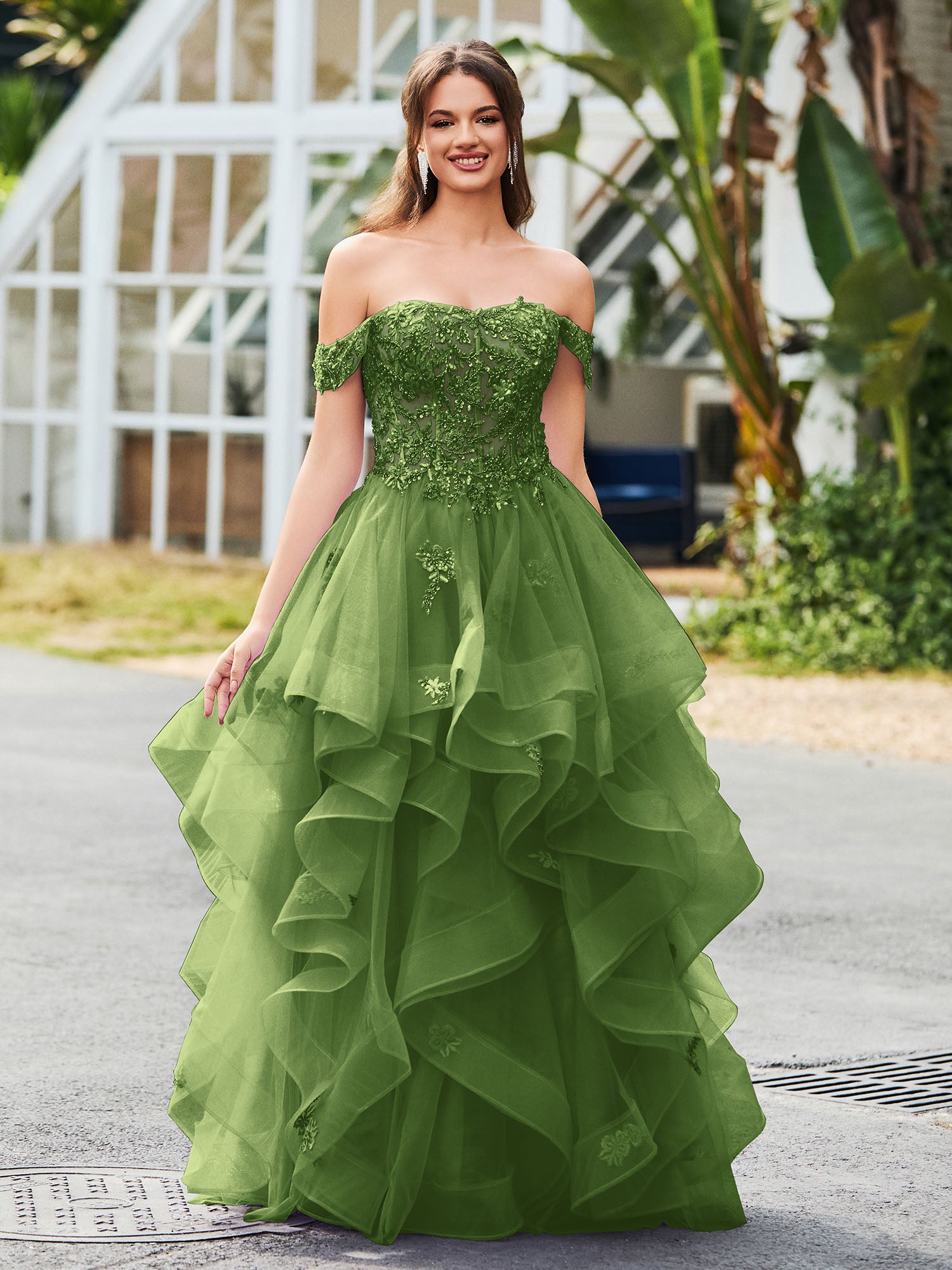 Off-the-shoulder Tulle Prom Dress with Floral Appliqued Lace Lilac