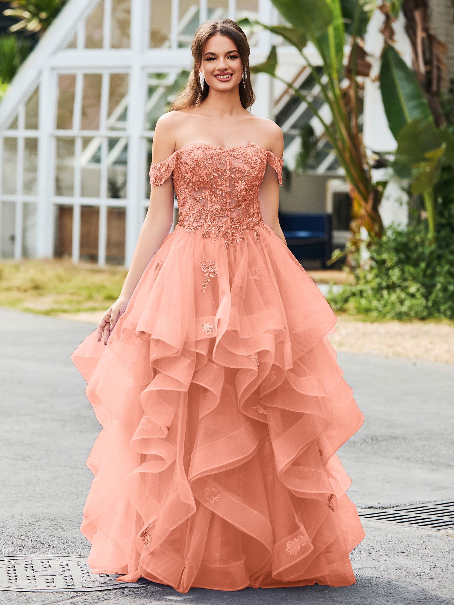 Off-the-Shoulder Pleated Gown with Surplice Bodice Papaya