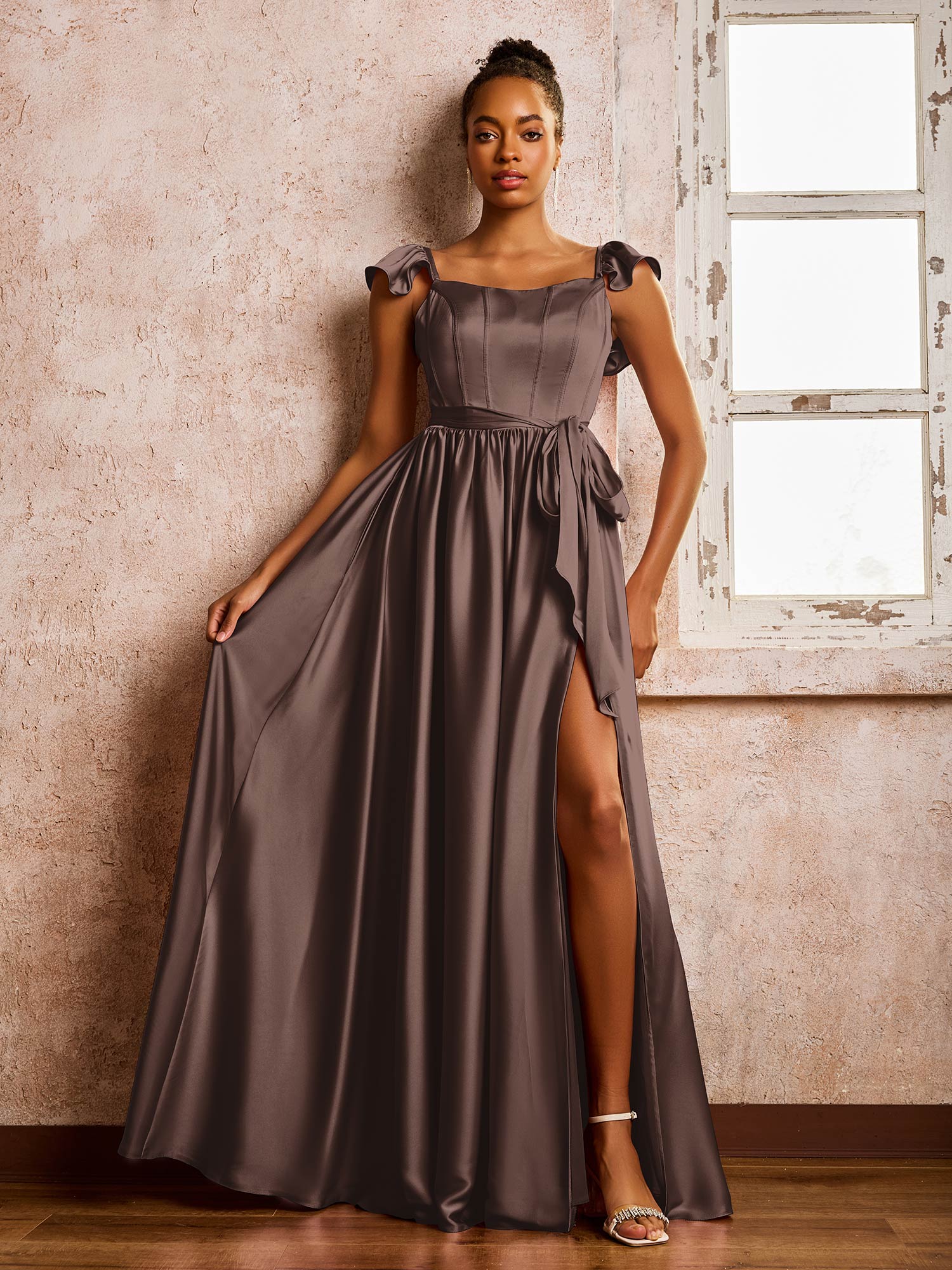 Flutter Sleeves A-Line Pleated V Neck Satin Dress Taupe main image 1