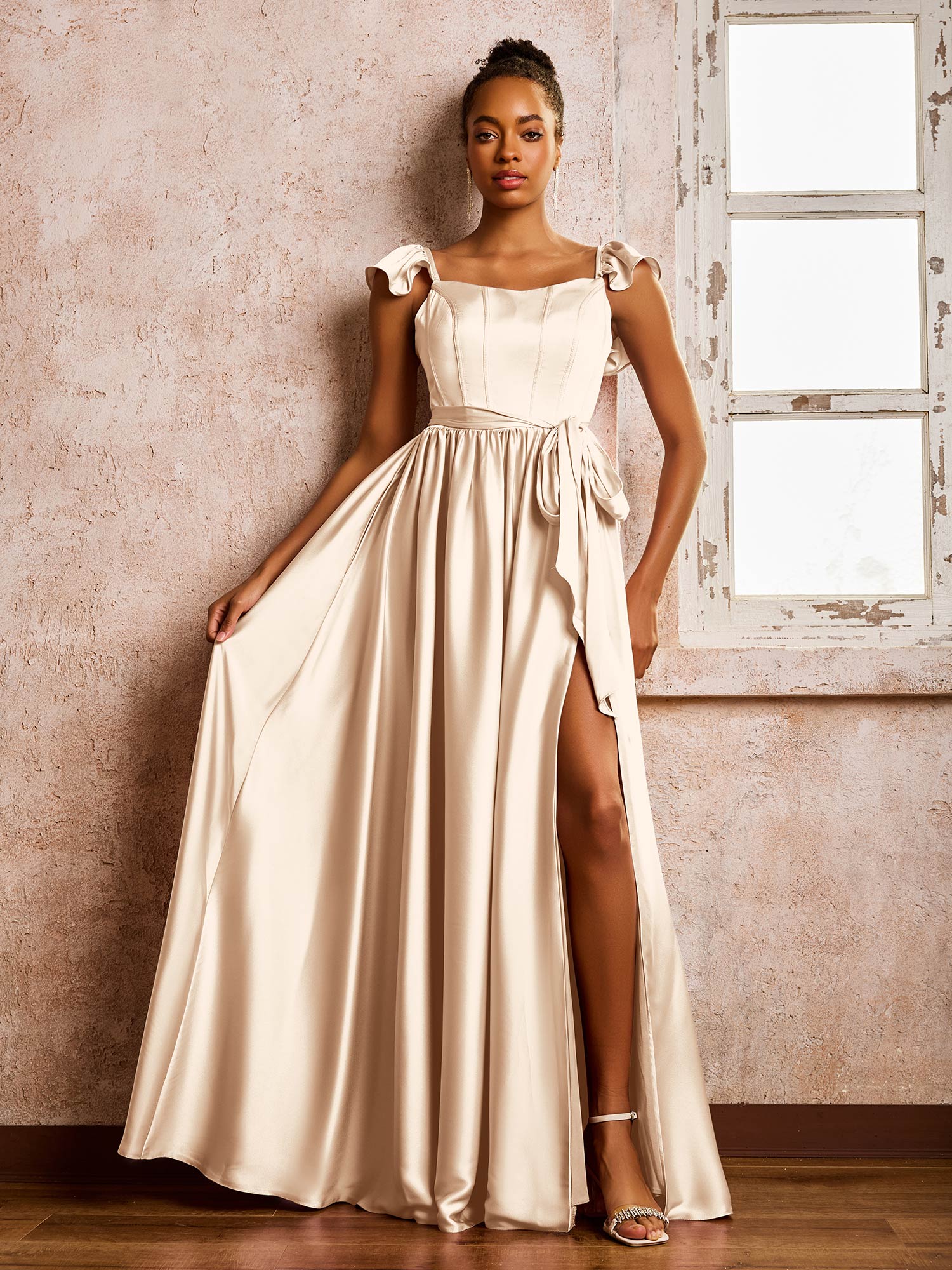 Scoop Flutter Sleeves Chiffon A-line Maxi Dresses with Slit Peach