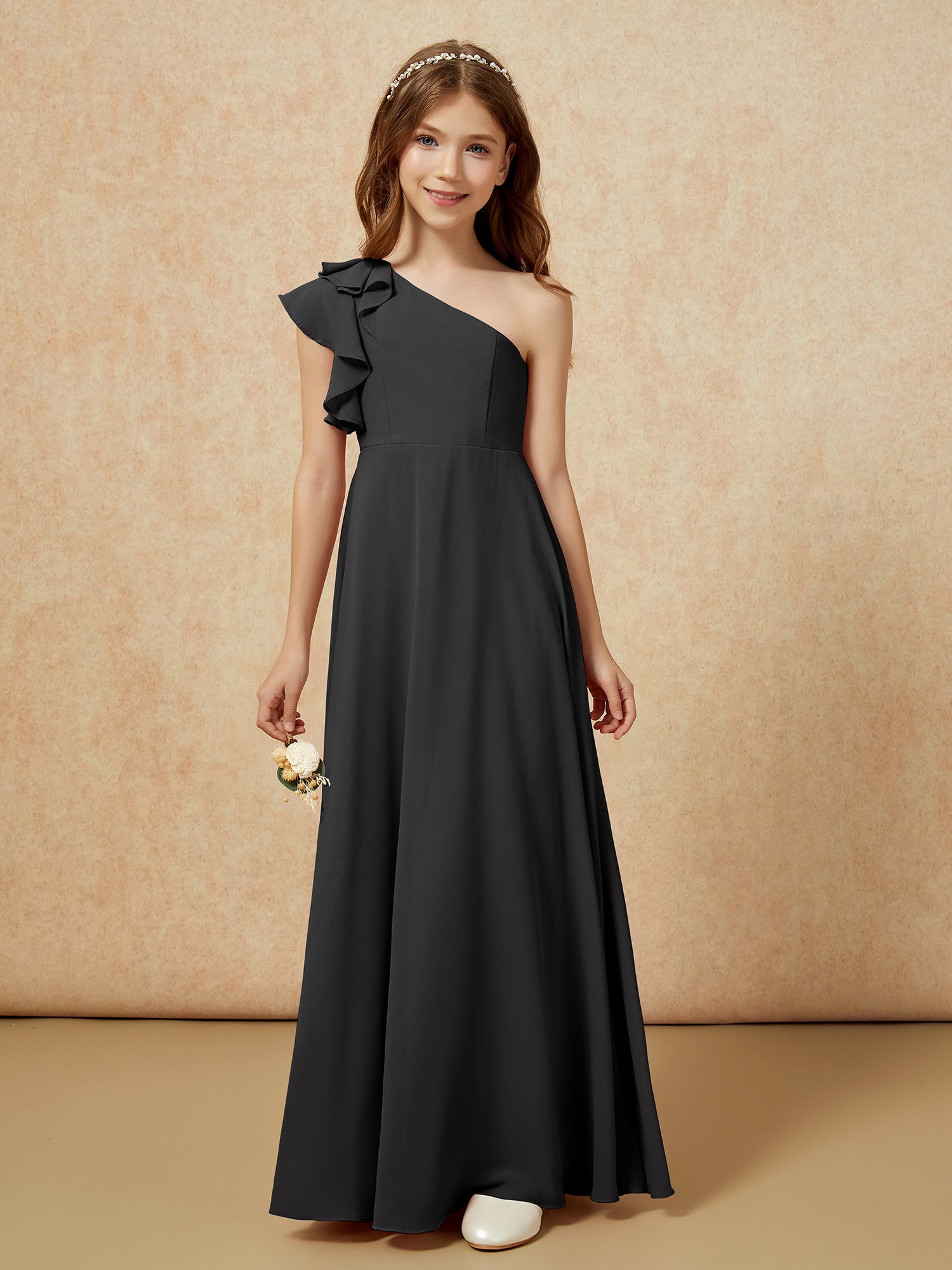 BABARONI Chiffon Black Junior Bridesmaid Dresses A-line One Shoulder