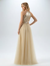 Sequins and Tulle Halter Long Dress Champagne