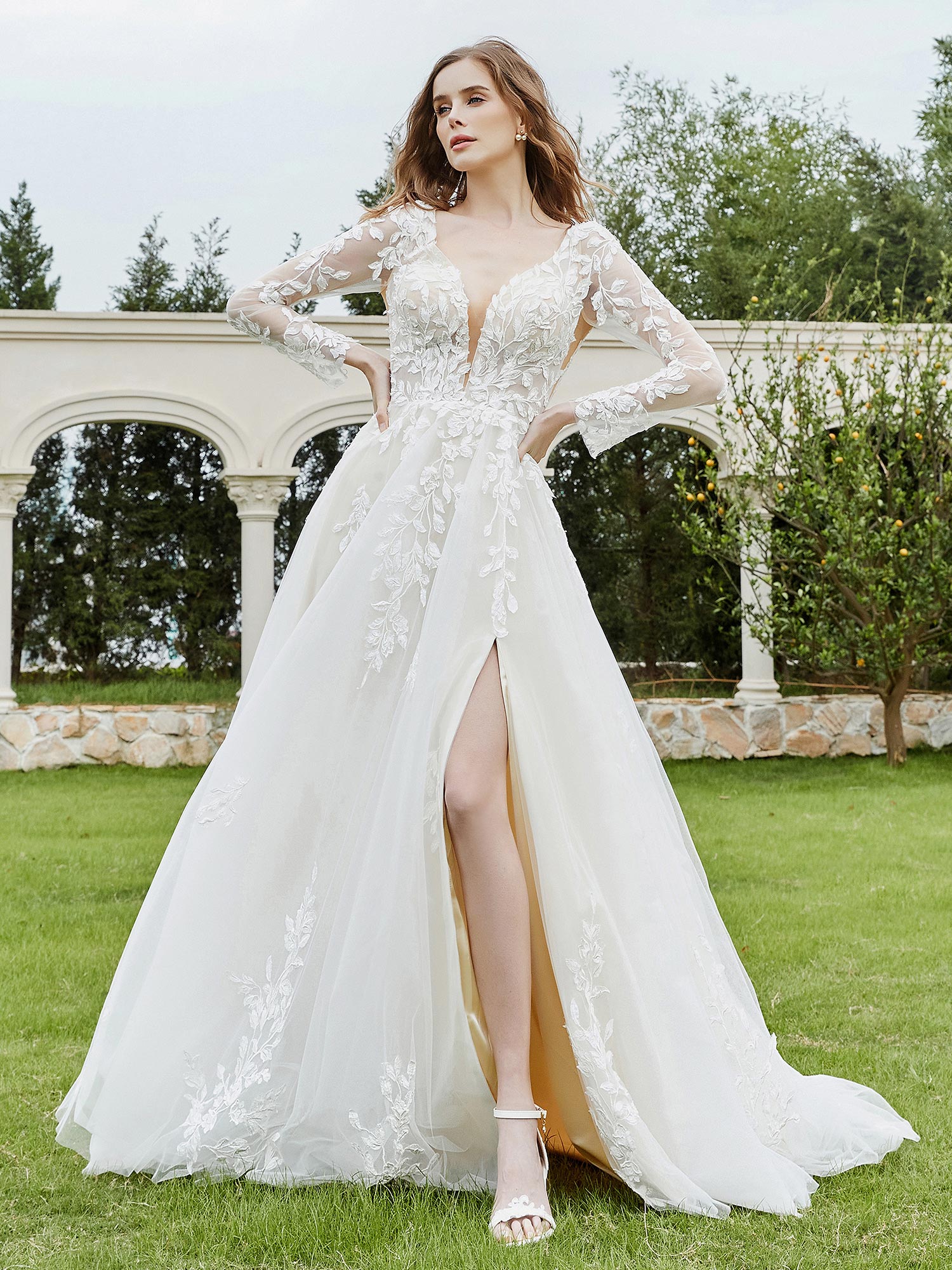 BABARONI Tulle Lace White Wedding Dresses A-line Deep V-Neck Long Sleeve With Slit Chapel Train, White / US0