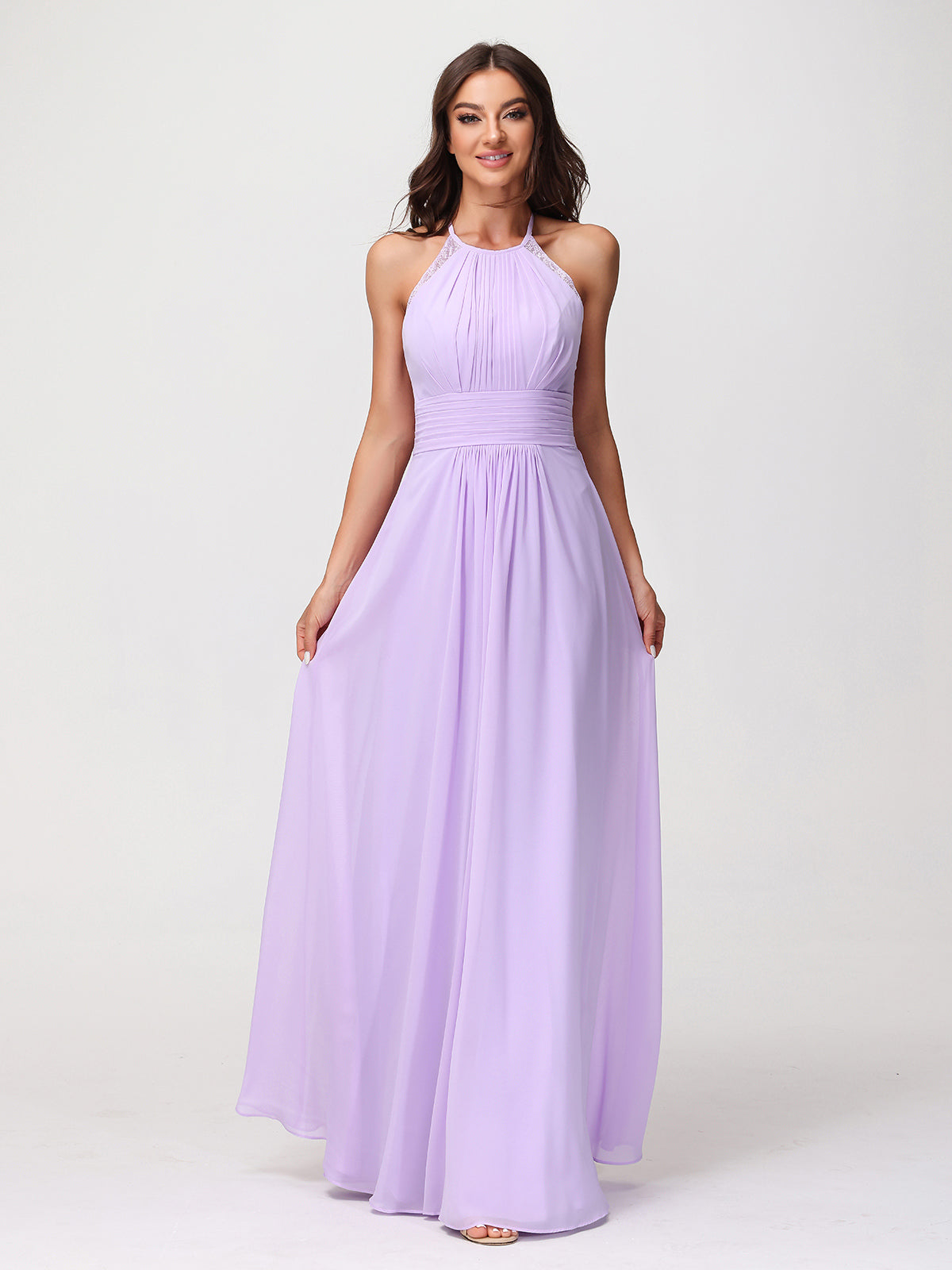fitted lace wedding dress BABARONI Halter Chiffon Long Gown with Lace Strap Lilac, Lilac / US0