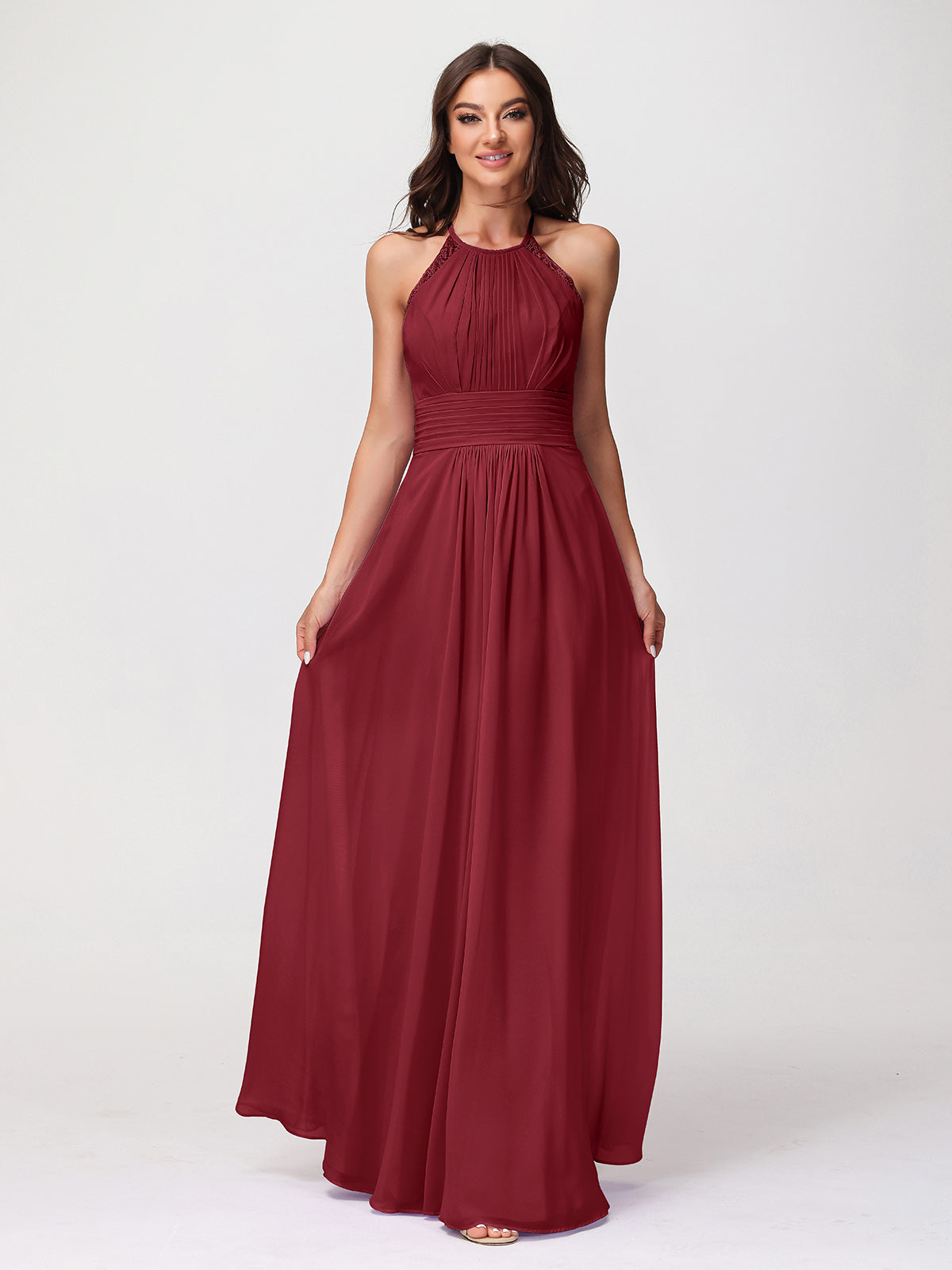 BABARONI Chiffon Burgundy Bridesmaid Dresses Halter Floor-length Sleeveless Lace A-line, Burgundy / US0