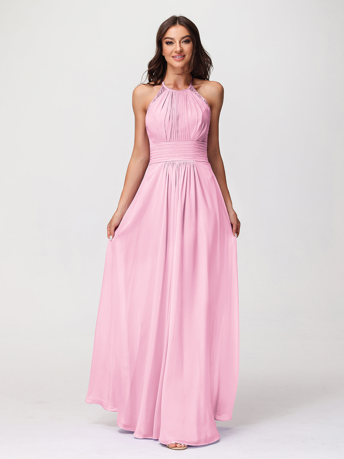 BABARONI Chiffon Candy Pink Bridesmaid Dresses Halter Floor-length Sleeveless Lace A-line BABARONI Chiffon Candy Pink Bridesmaid Dresses Halter Floor-length Sleeveless Lace A-line