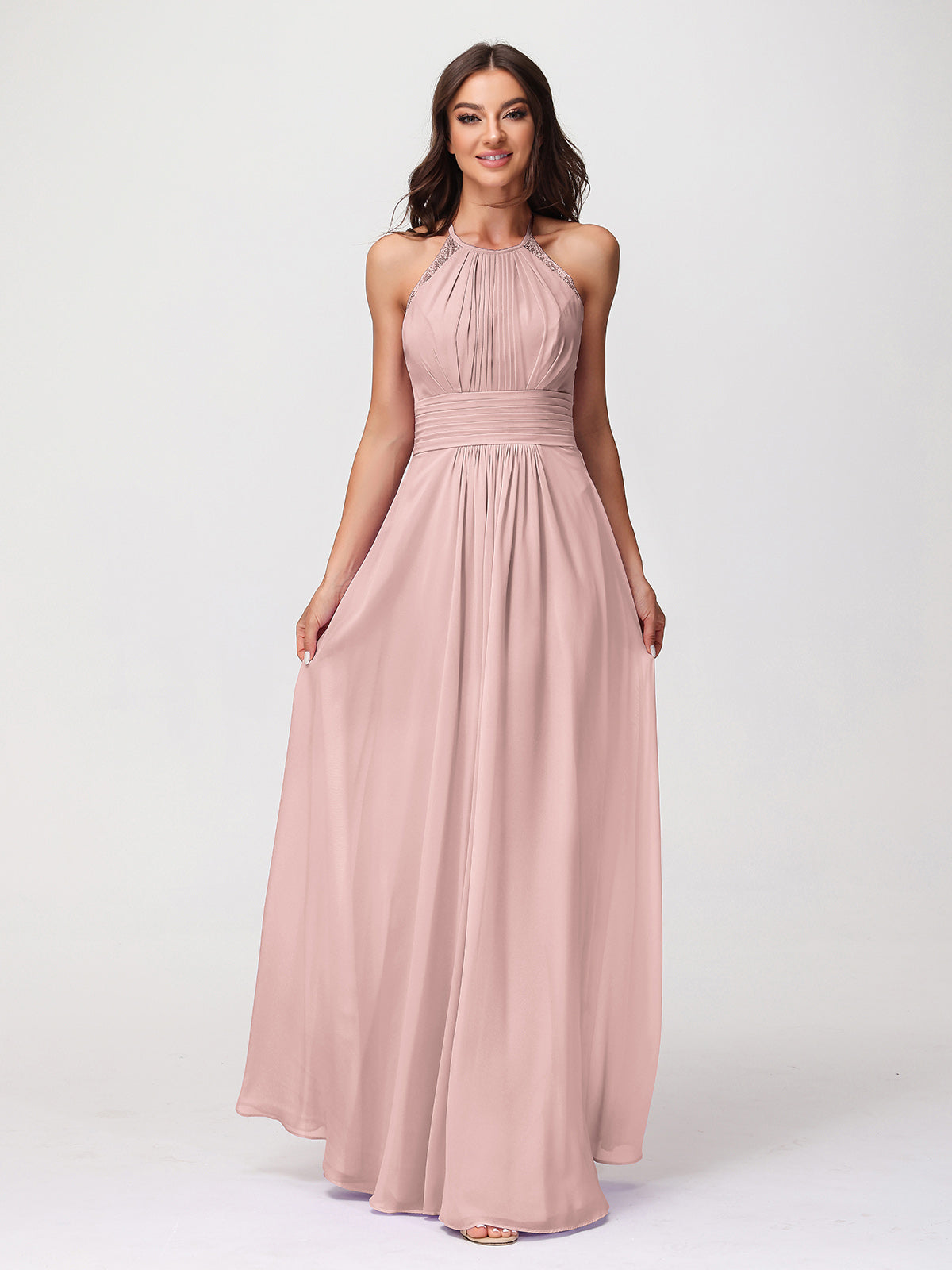 alaia pink dress BABARONI BABARONI Chiffon Dusty Rose Bridesmaid Dresses Halter Floor-length Sleeveless Lace A-line, Dusty Rose / US0