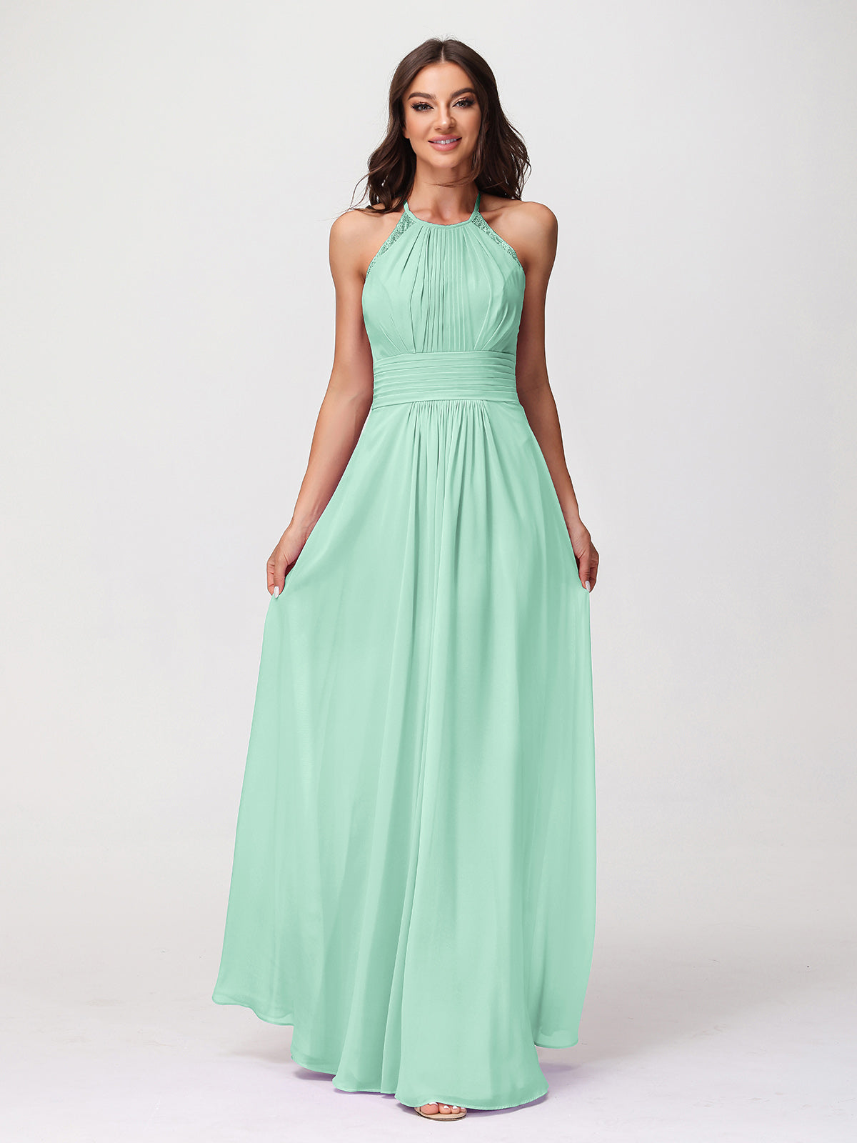 Mint Vestidos Color Menta Largos Halter Chiffon Long Gown With