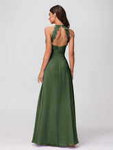 Halter Chiffon Long Gown With Lace Strap Olive Green