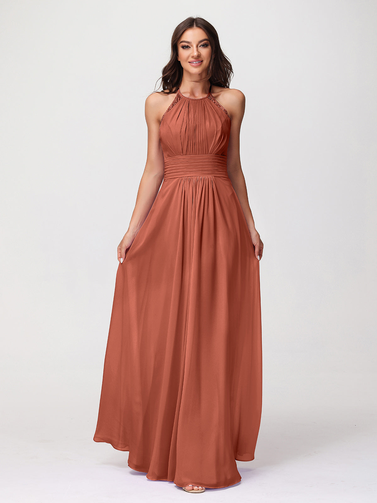 BABARONI Halter Chiffon Long Gown With Lace Strap Rust, Rust / US0