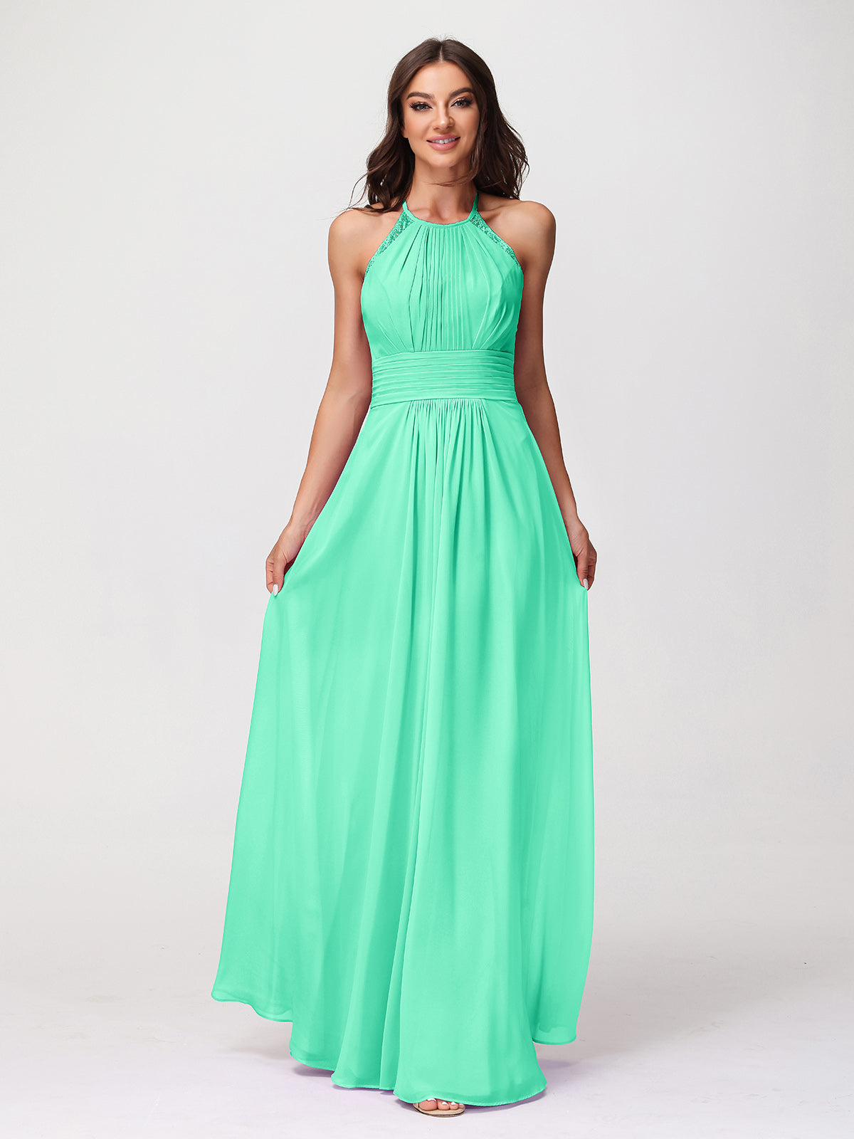 BABARONI Halter Chiffon Long Gown With Lace Strap Turquoise, Turquoise / US0