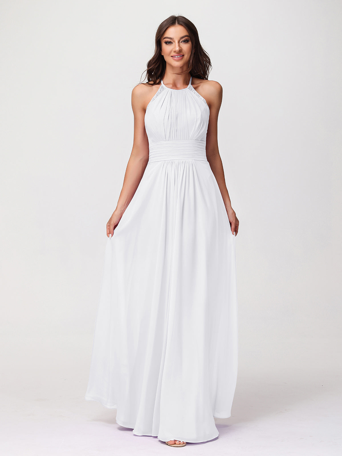 BABARONI Chiffon White Bridesmaid Dresses Halter Floor-length Sleeveless Lace A-line