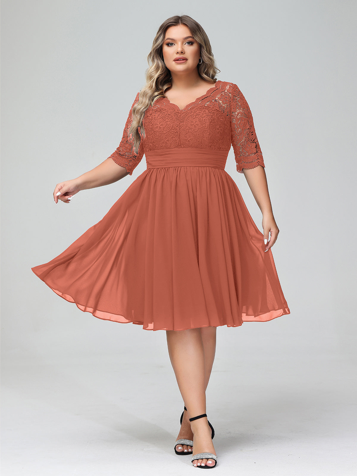 BABARONI Lace and Chiffon Short Dress with Half Sleeves Rust, Rust / US0