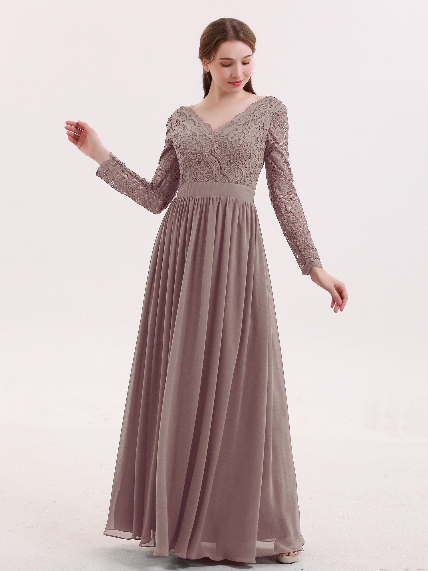 BABARONI Chiffon Dusk Bridesmaid Dresses V-neck Floor-length Long Sleeve Lace A-line, Dusk / US0