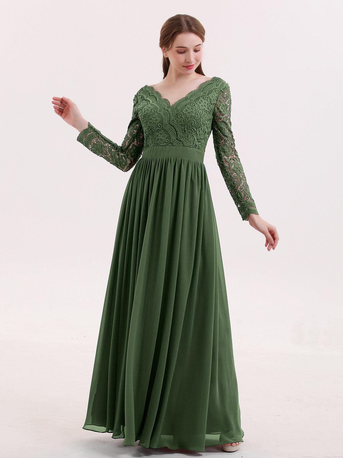 olive green lace bridesmaid dresses BABARONI Chiffon V-neck Floor-length Long Sleeve A-line, Olive Green / US0 Sage green