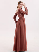 V Neck Lace and Chiffon Dress with Long Sleeves Terracotta