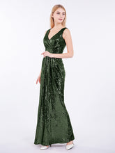 Sheath V neck Sequins Long Dress Olive Green