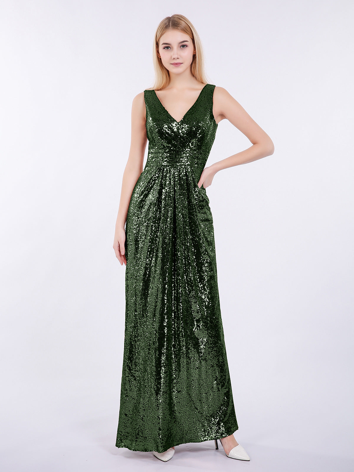 A-Line Floor Length Beaded Plunging V-Neck Open Back Dress Olive Green