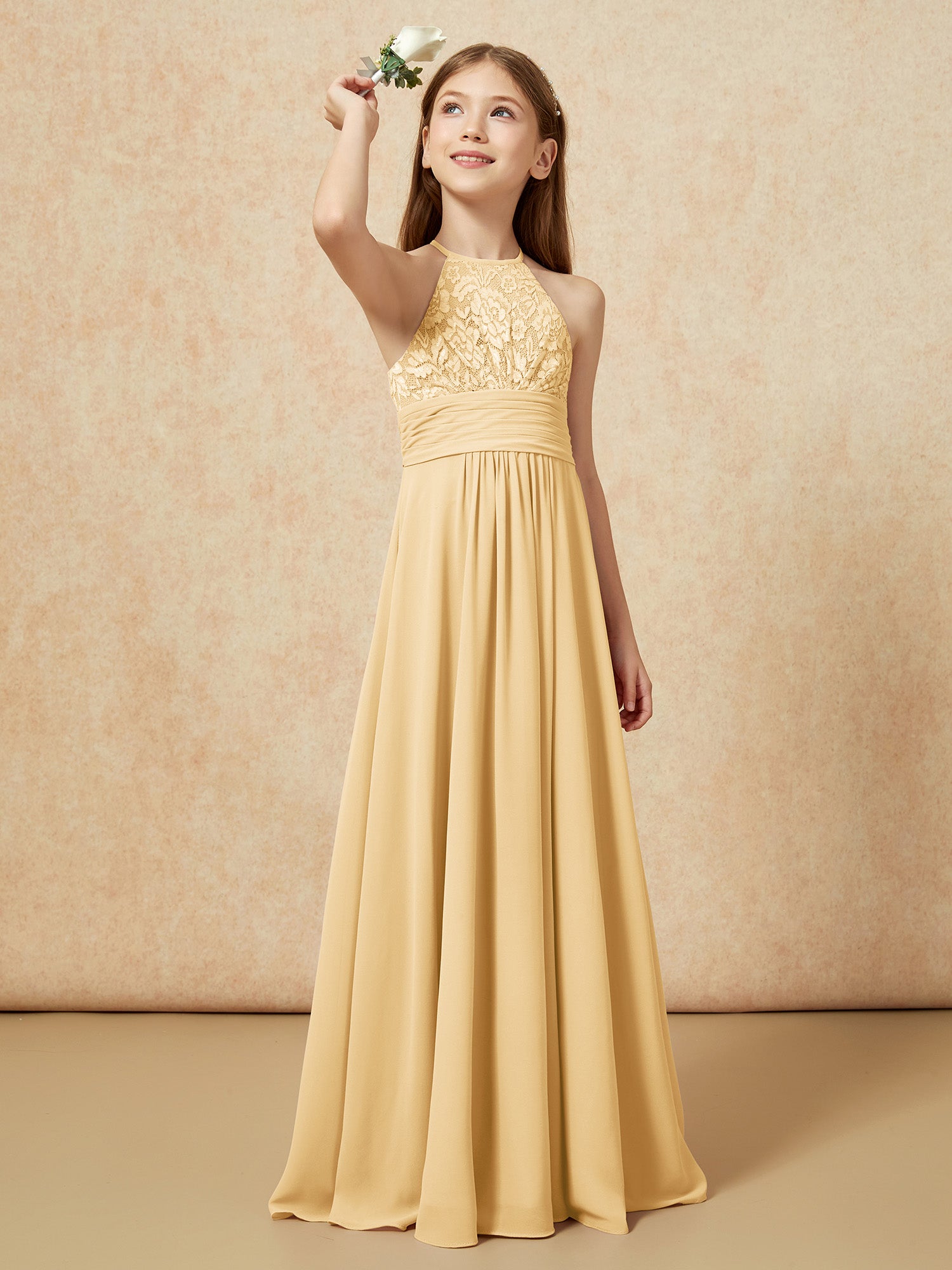 Halter Neck Lace Top Sleeveless Junior Bridesmaid Gown Spa