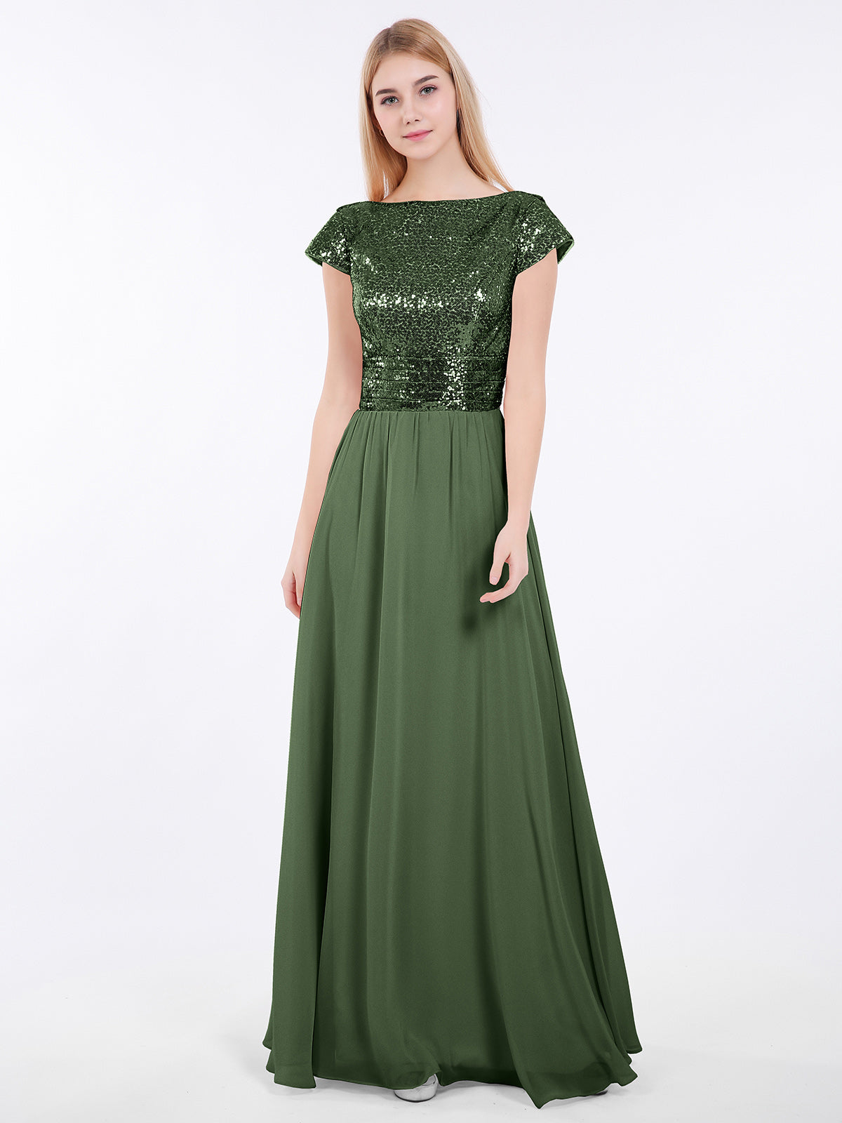 Cap Sleeve V-neck Satin Dress With Pocket Olive Green