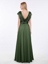 Sequins Long Dress with Cap Sleeves Olive Green