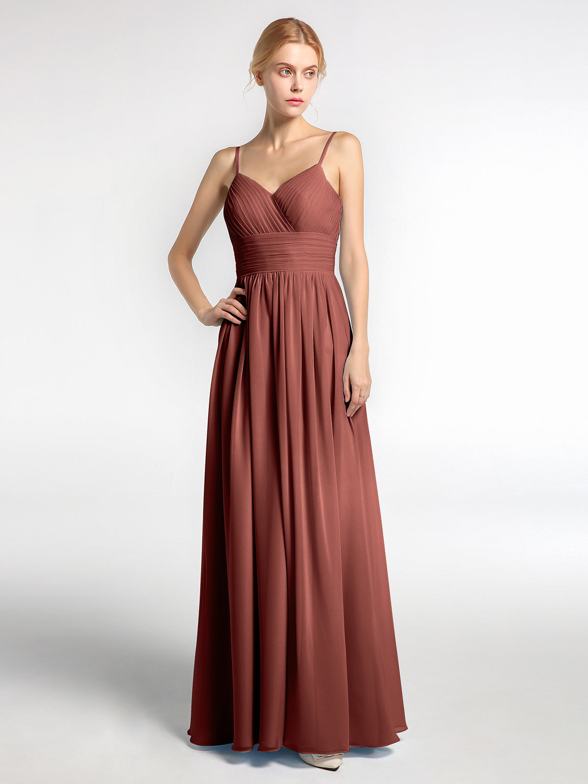 Long Spaghetti Strap Chiffon Gown Scoop Neck High Slit Terracotta main image 0
