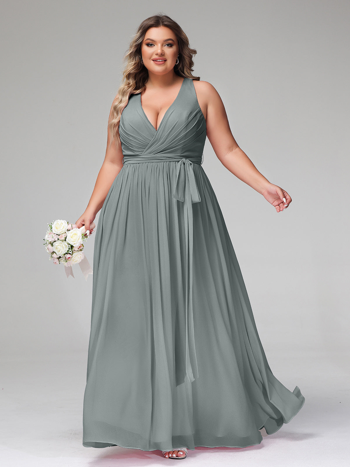 BABARONI Deep V Neckline Chiffon Dress with Sash Bow Steel Grey, Steel Grey / US0 BABARONI Deep V Neckline Chiffon Dress with Sash Bow Steel Grey, Steel Grey / US0