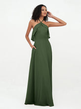 Halter Strap Chiffon Long Bridesmaid Dresses Olive Green