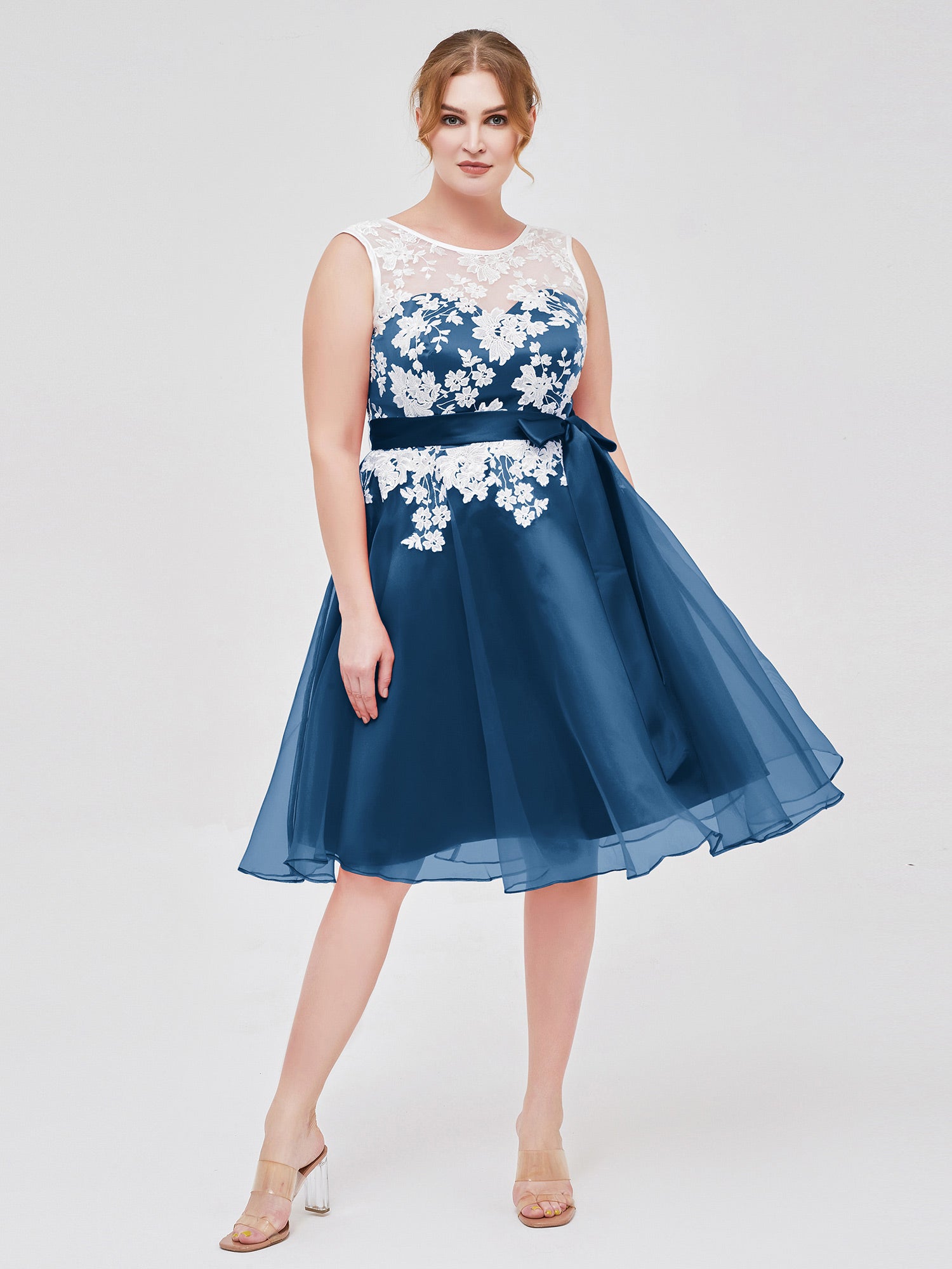anastasia dark blue dress BABARONI Illusion Neck Organza with Ivory Lace Appliqued Ink Blue, Ink Blue / US0